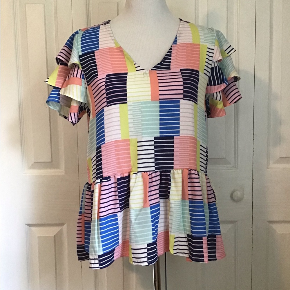 Michelle McDowell Multi Striped Design Print V neck Shirt/Top/Sm